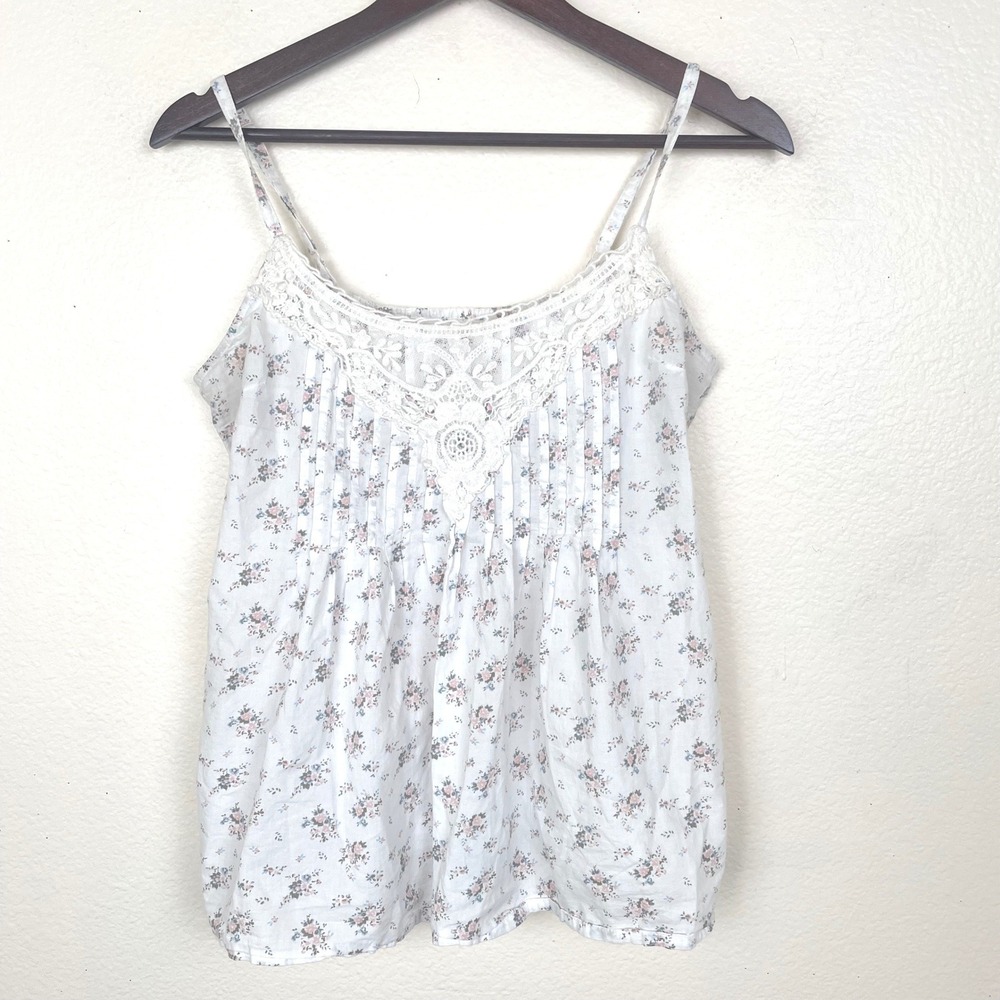 Y2K 90s Mudd Cami Tank Top Sz M Cotton Babydoll Cottage Fairy Lace Floral Boho